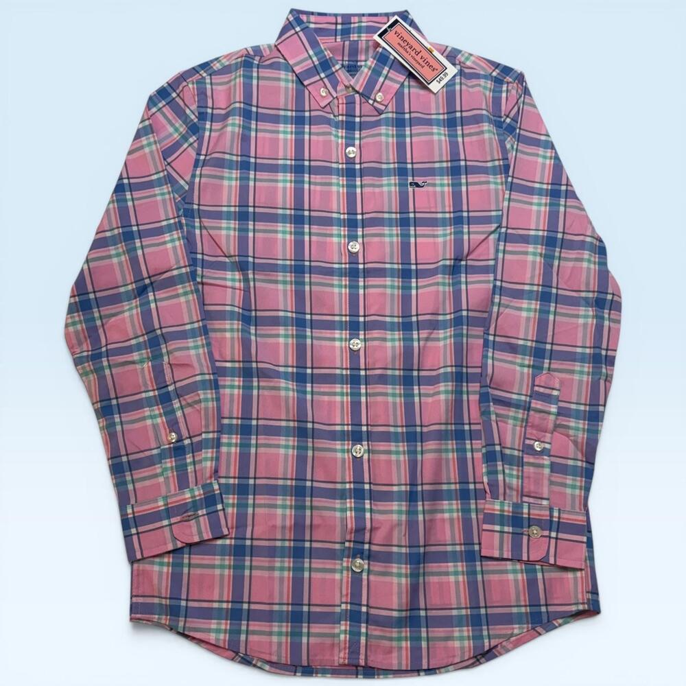 Vineyard Vines Shirt Boys Small 8-10 Pink Plaid Performance Whale Button Down